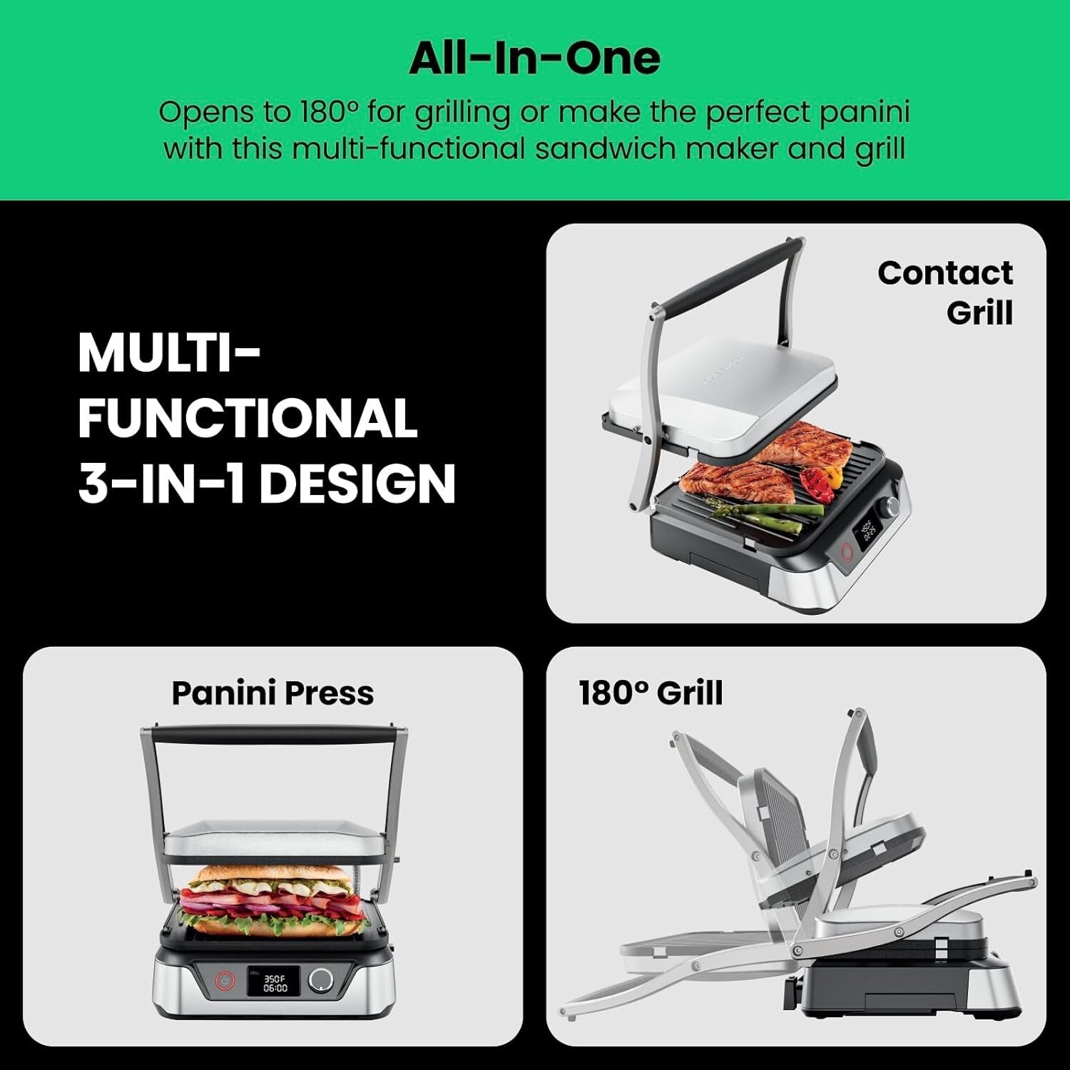 5-in-1 Stainless Steel Panini Press and Indoor Grill - 180° Versatile Cooking