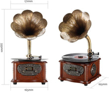 Load image into Gallery viewer, Vintage Phonograph Retro Turntable with Copper Horn – Bluetooth &amp; Aux Input