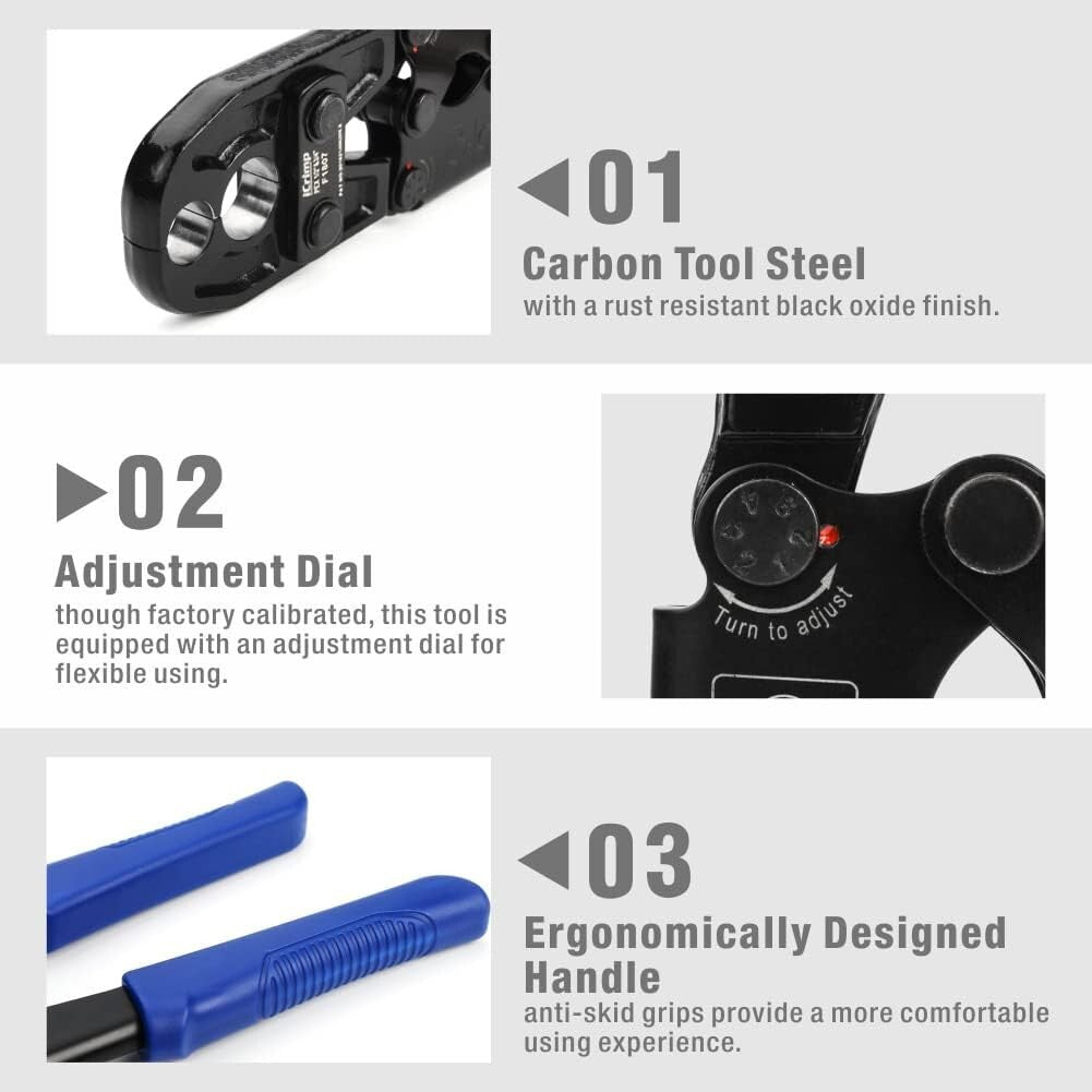 Ergonomic PEX Crimping Tool Kit for 3/8 to 1 in Copper Rings - ASTM Approved