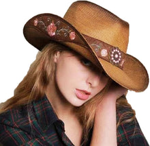 Load image into Gallery viewer, Handmade Brown Cowgirl Hat with Unique Peony Embroidery - Women’s Western Style