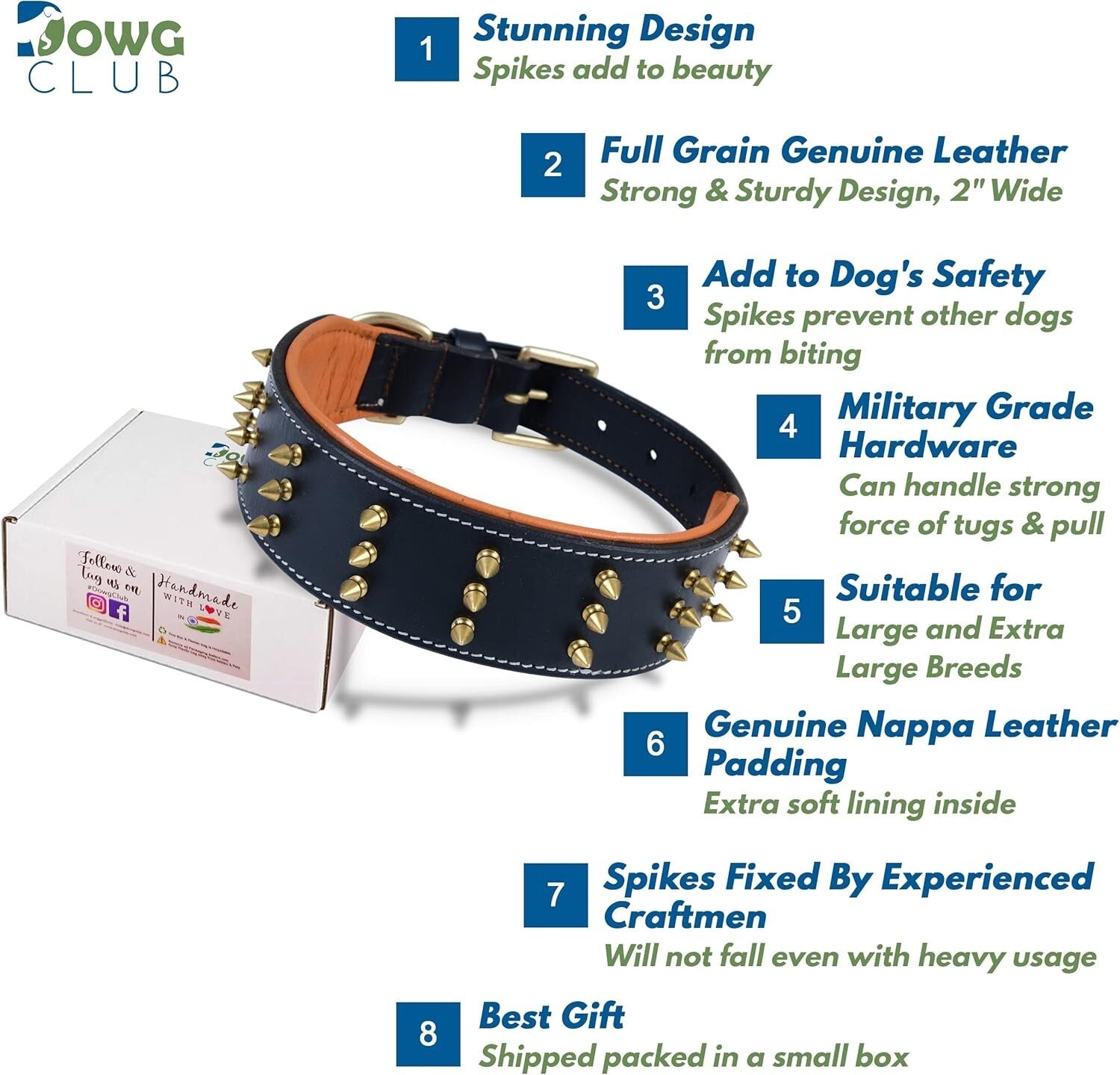 Stylish Spiked Leather Dog Collar for Large Breeds - Comfort and Safety Combined