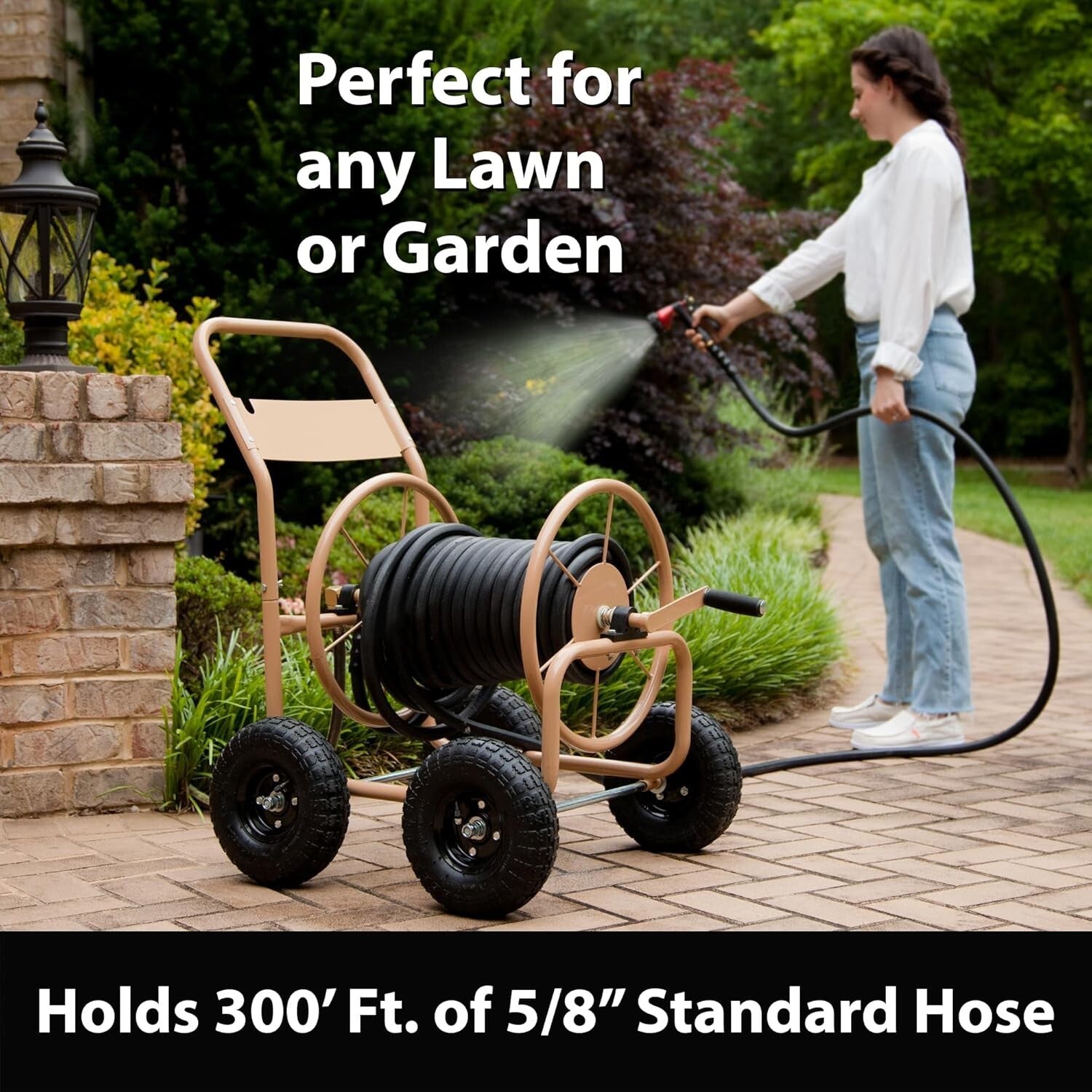 Durable Manual Hose Reel Cart - 300ft Capacity & Smooth Rolling Pneumatic Tires