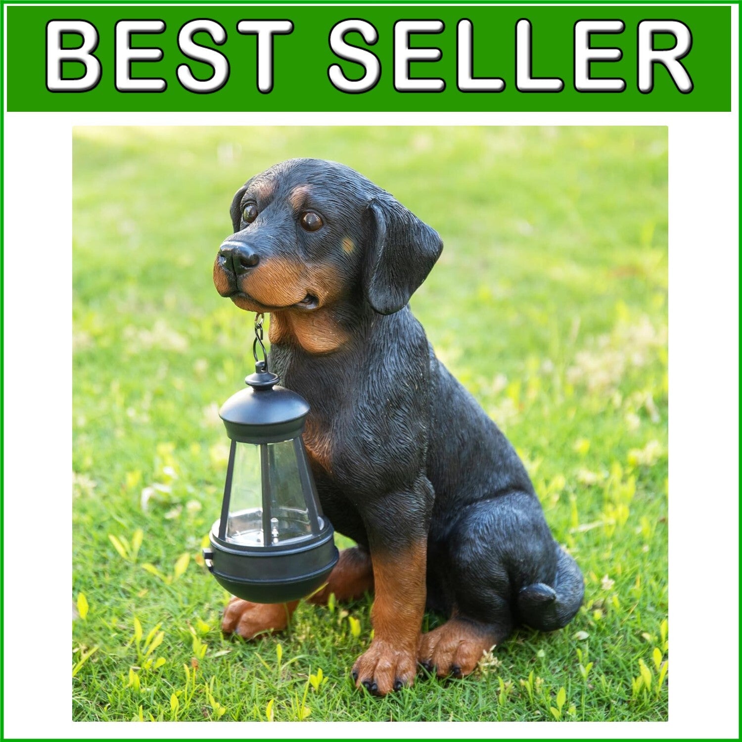 Durable 13” Rottweiler Dog Garden Statue with Solar Lights – Charming Decor