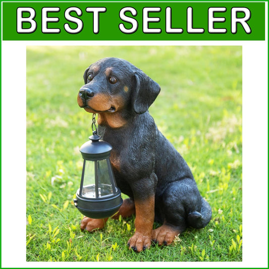 Durable 13” Rottweiler Dog Garden Statue with Solar Lights – Charming Decor