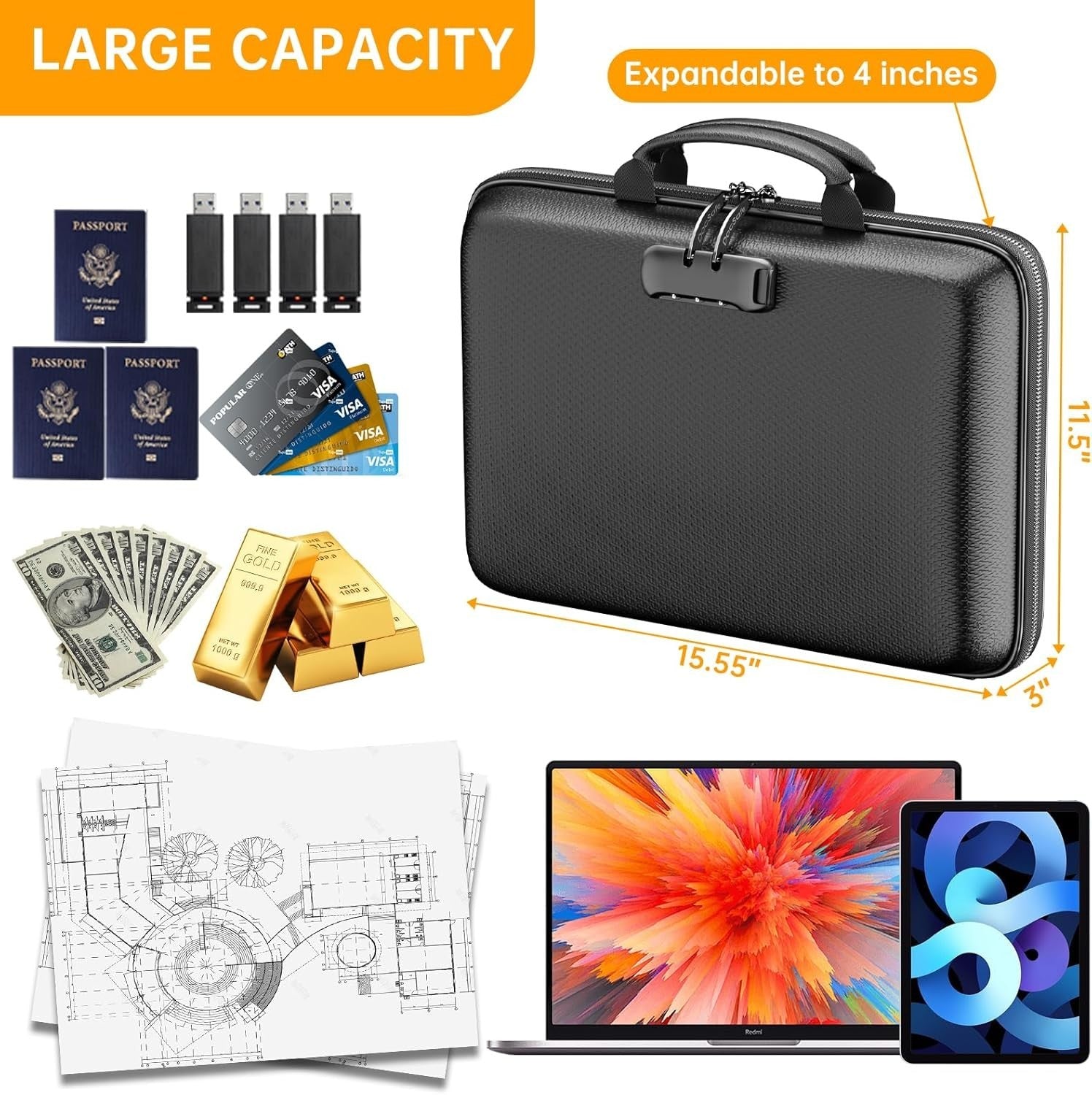 Fireproof & Water-Resistant File Organizer with Lock - 13 Pocket Accordion Style