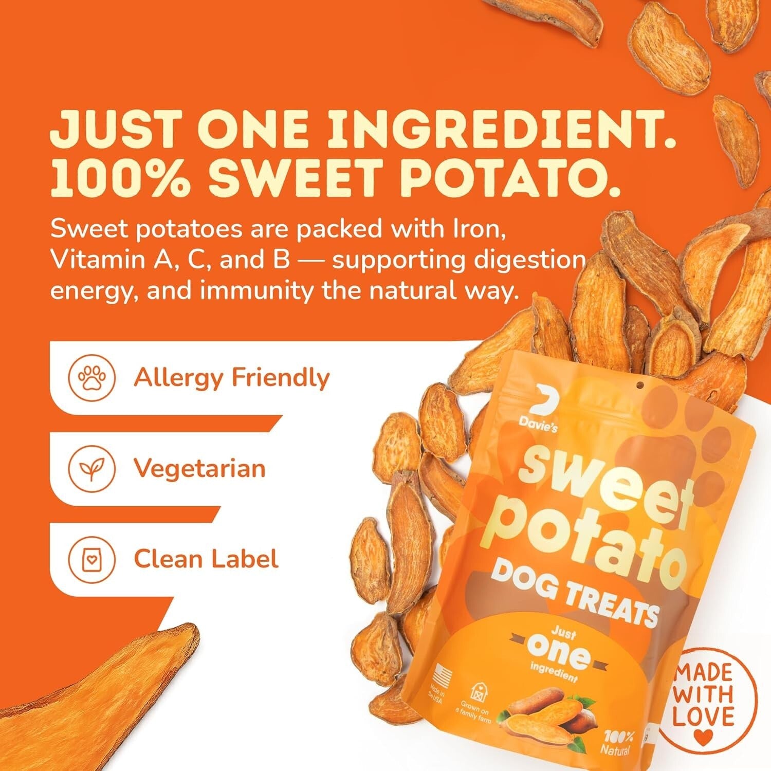 Healthy Sweet Potato Chews for Dogs - Grain-Free, Vegetarian Treats - 2 lb Pack