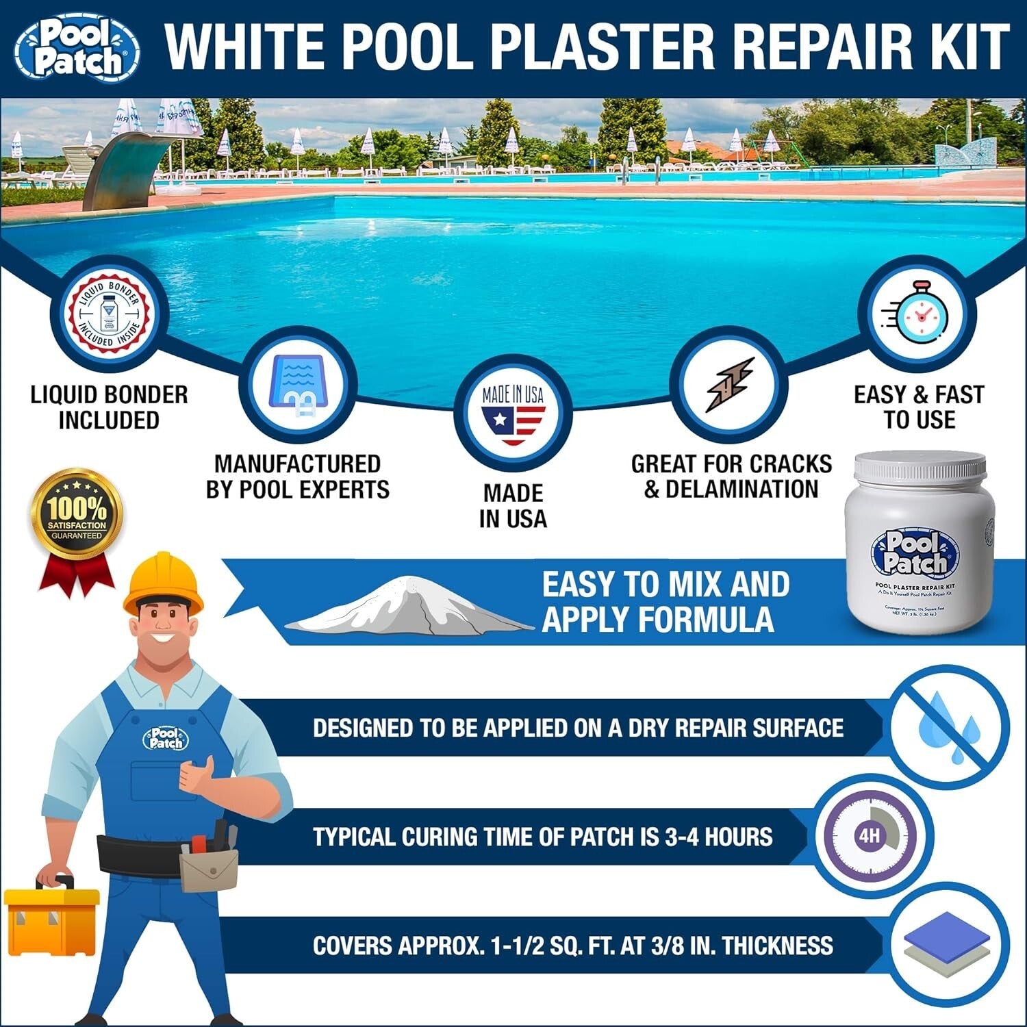 DIY Pool Plaster Repair Kit - Fast-Curing 3lb White Powder for Easy Fixes