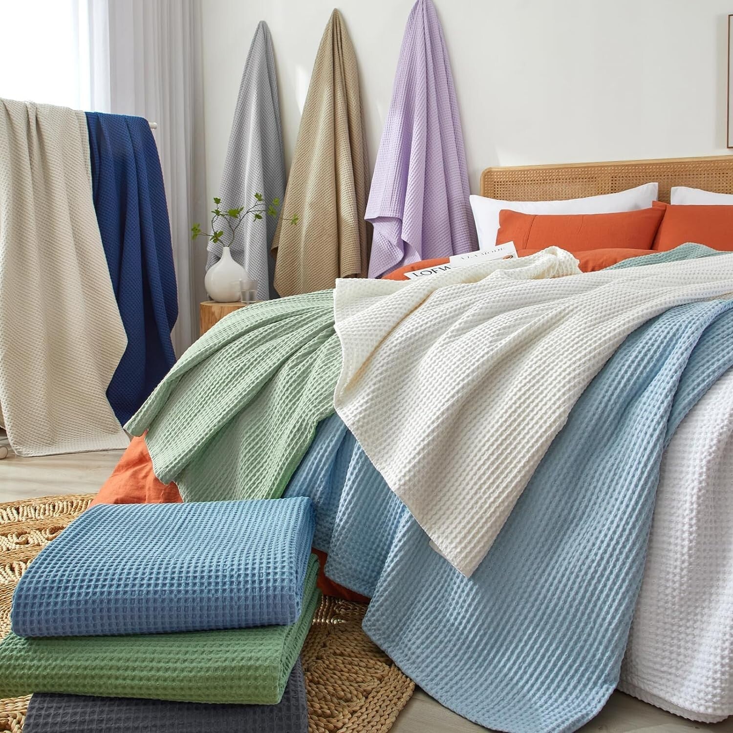 Versatile Oversized Cotton Waffle Throw Blanket - Perfect for Home and Travel