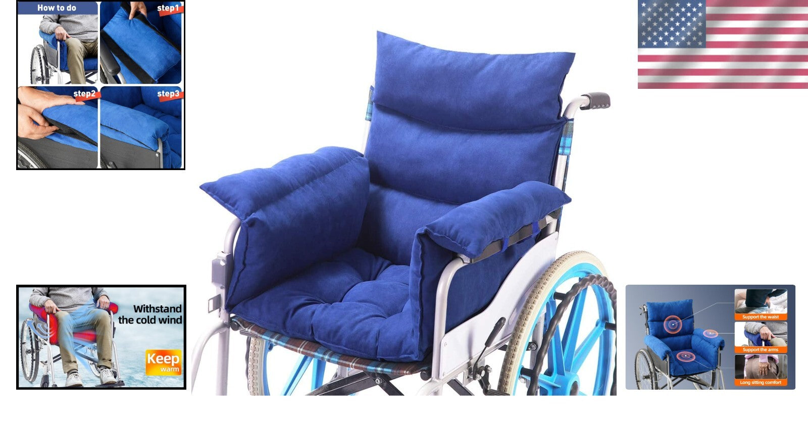 Non-Slip Wheelchair Cushion & Armrests, Ideal for Seniors' Comfort - Blue