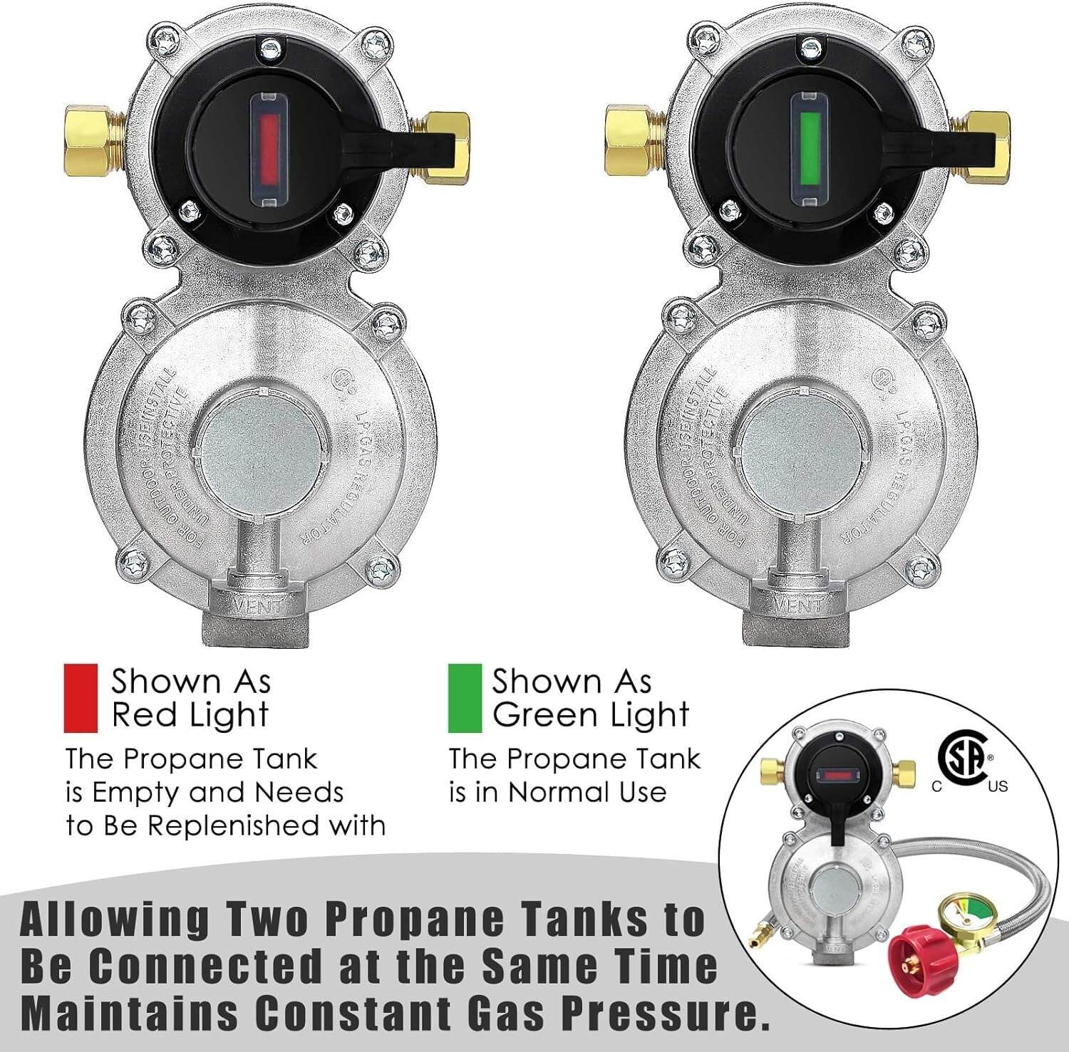 Efficient RV Propane Regulator with No-Interrupt Changeover & 18" Braided Hoses