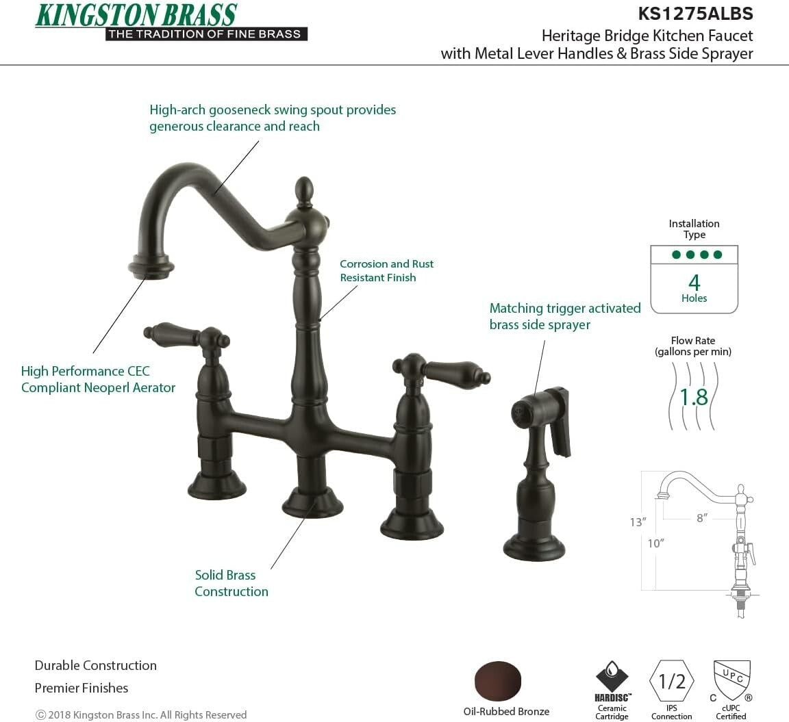 Durable 8-3/4" Heritage Kitchen Faucet - Oil Rubbed Bronze, 360º Swivel Spout