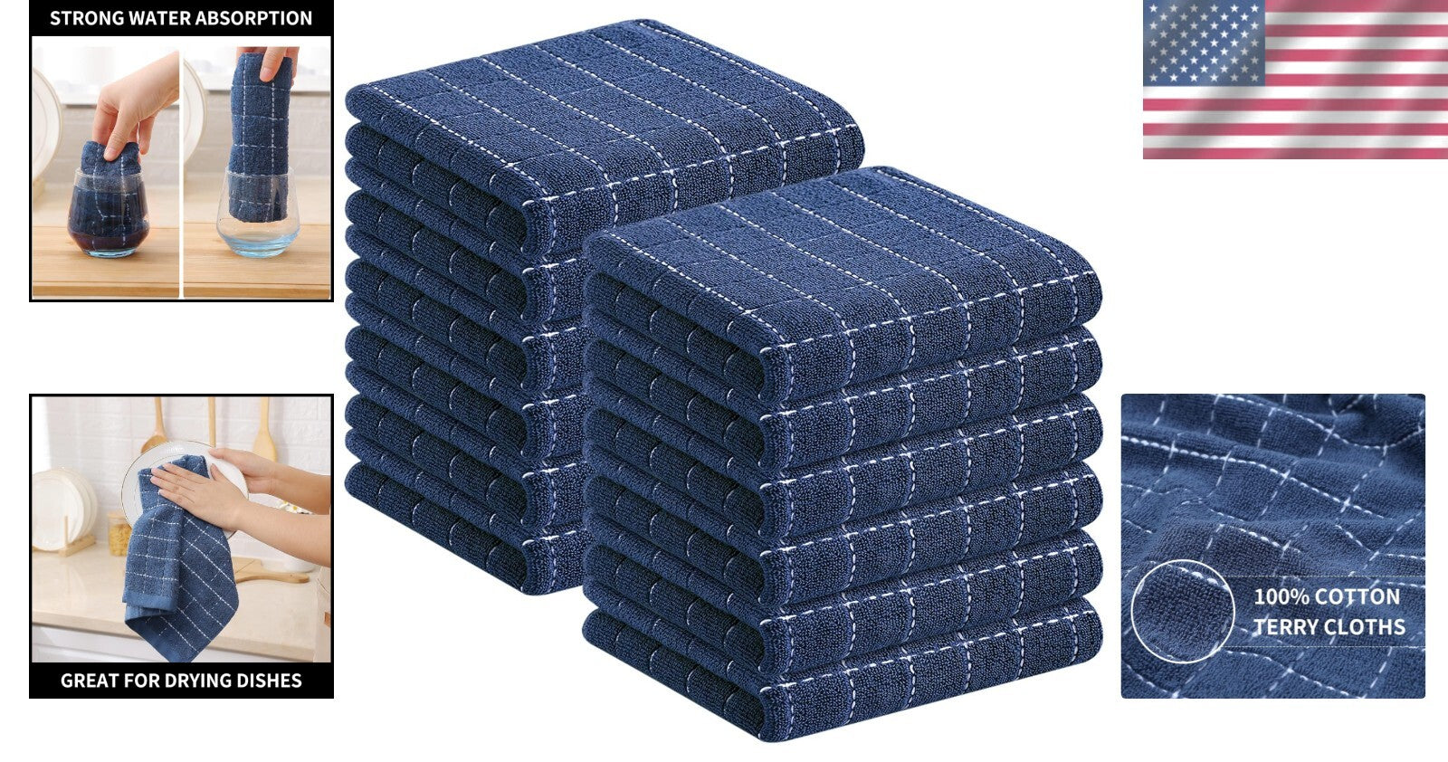 Elegant 12-Pack of Cotton Dish Towels - 13x28 Checkered for Quick Drying & Care