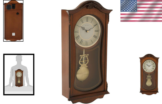 Charming Brown Analog Wall Clock: Walnut Wood, Pendulum, and Roman Numerals