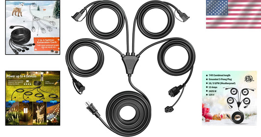 Heavy-Duty 16/3C 4-Outlet Splitter Extension Cord, 74 FT Ideal for Outdoor Decor