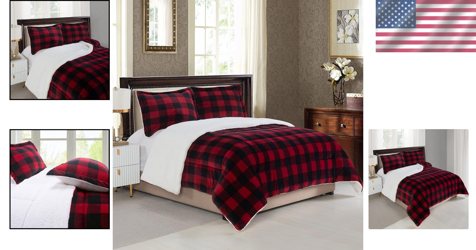 Cozy King Comforter Set - Reversible Micromink Plaid with Pillow Shams, Washable