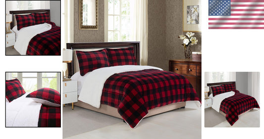 Cozy King Comforter Set - Reversible Micromink Plaid with Pillow Shams, Washable
