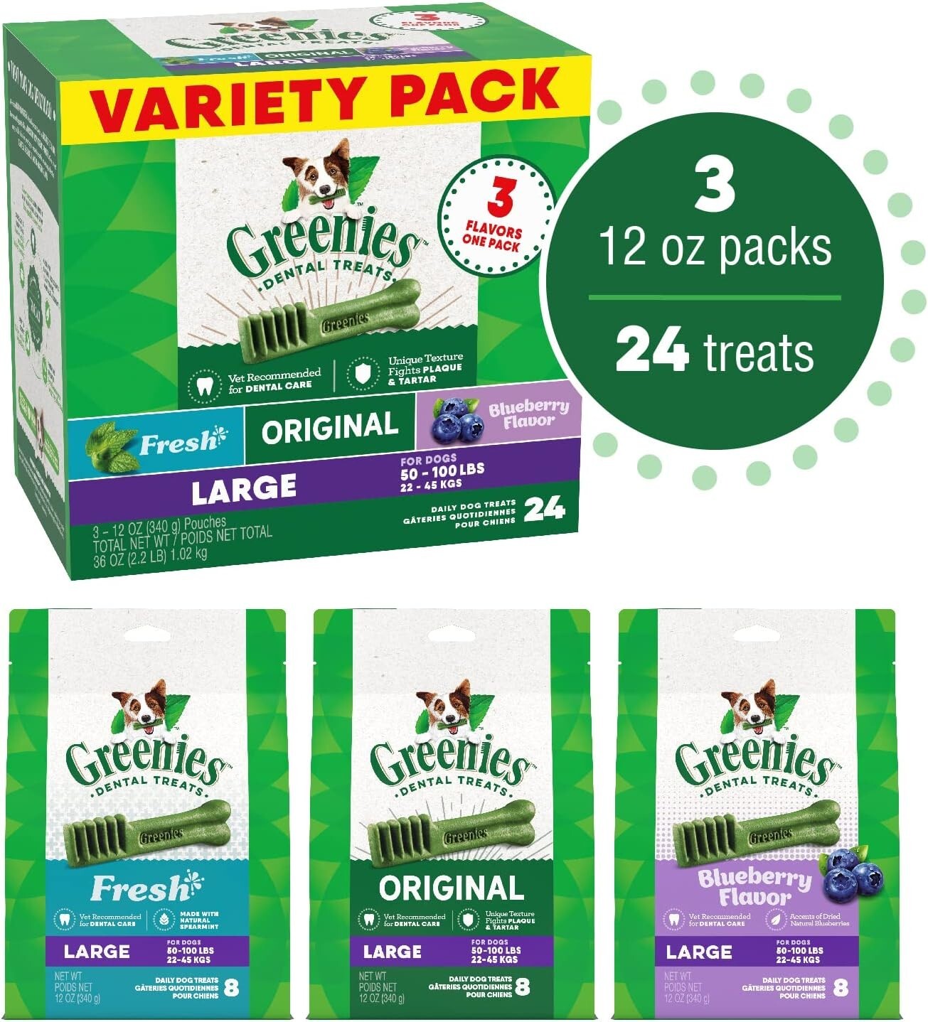 Daily Dental Care Treats for Large Dogs - 3 Packs of Natural Chews, 36 oz.