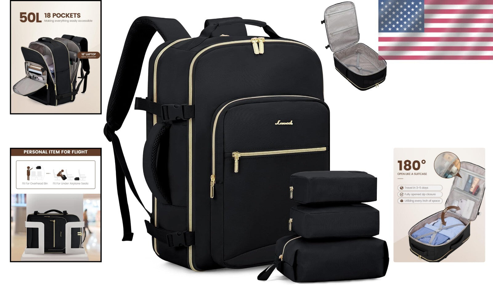 Black Business Weekender Backpack with 18 Inch Laptop & Organizational Cubes