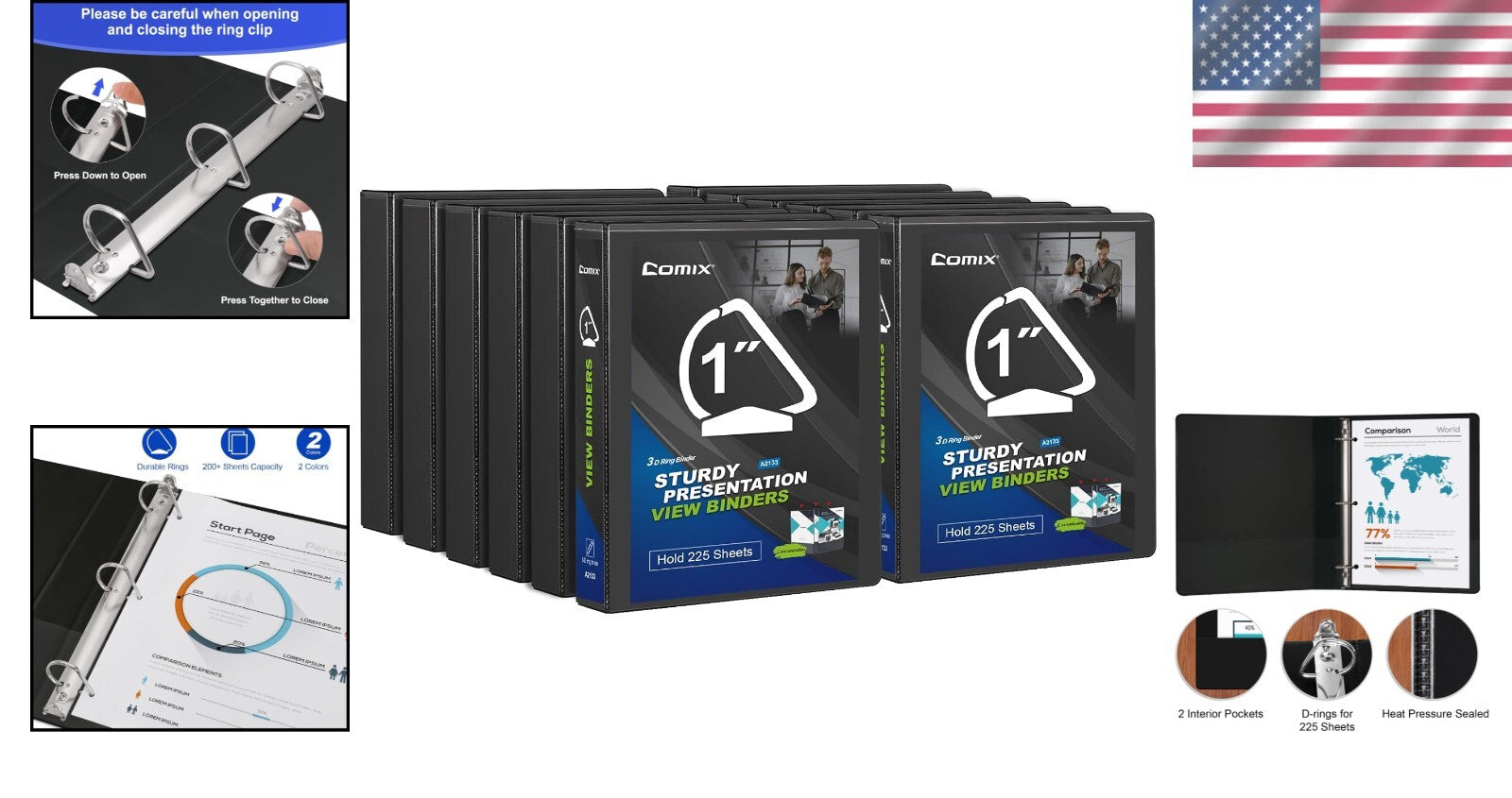 12 Pack D-Ring Black Binders - 1 Inch, Holds 225 Sheets, Multipocket Design