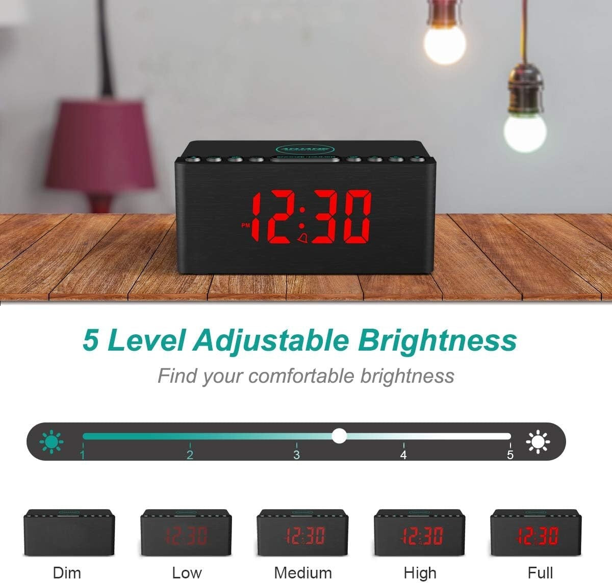 Chic Wooden Alarm Clock & Wireless Charging Dock with Adjustable Brightness