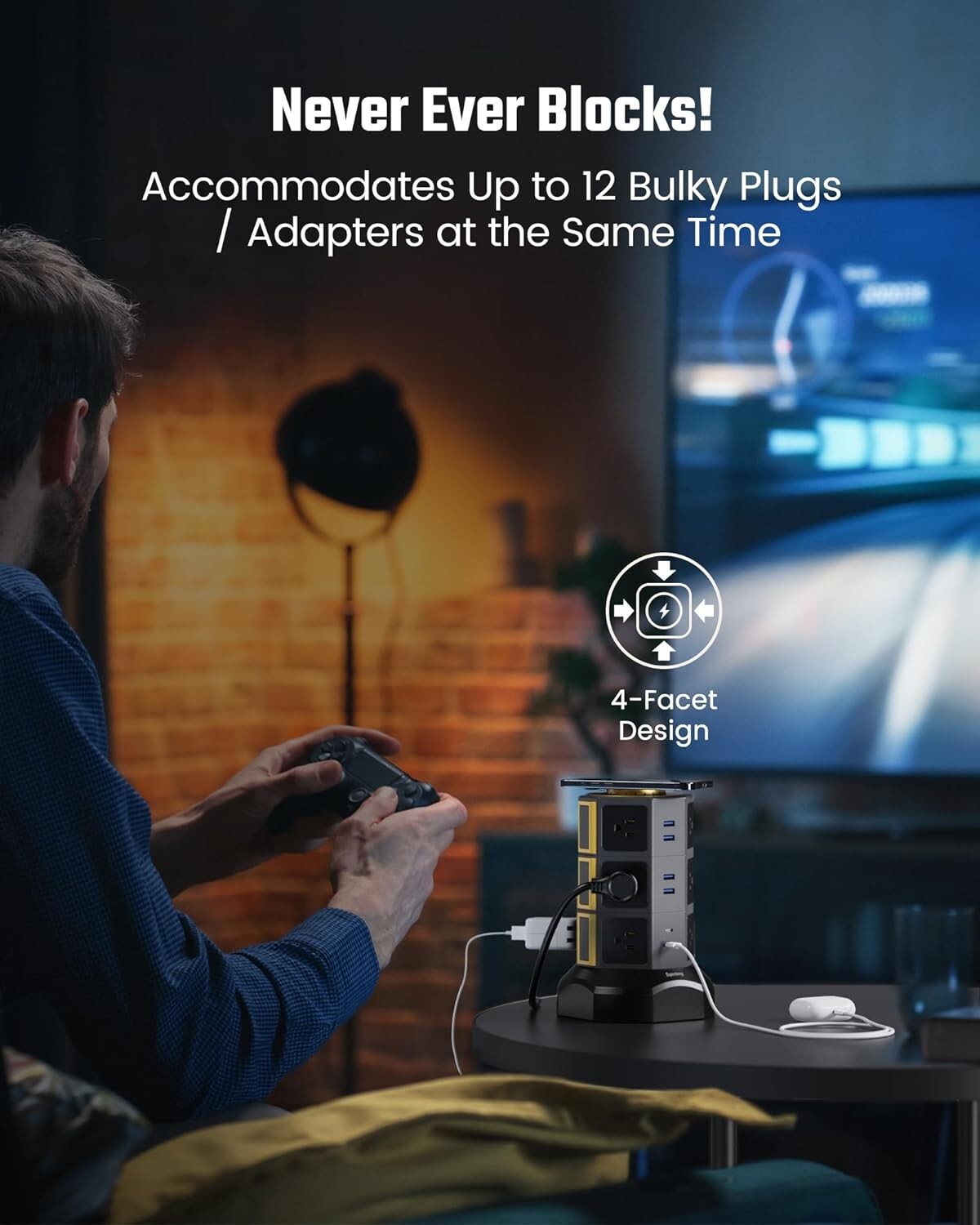 Elegant Surge Protector Tower with 15W Wireless Charger & 12 AC Outlets in Gold