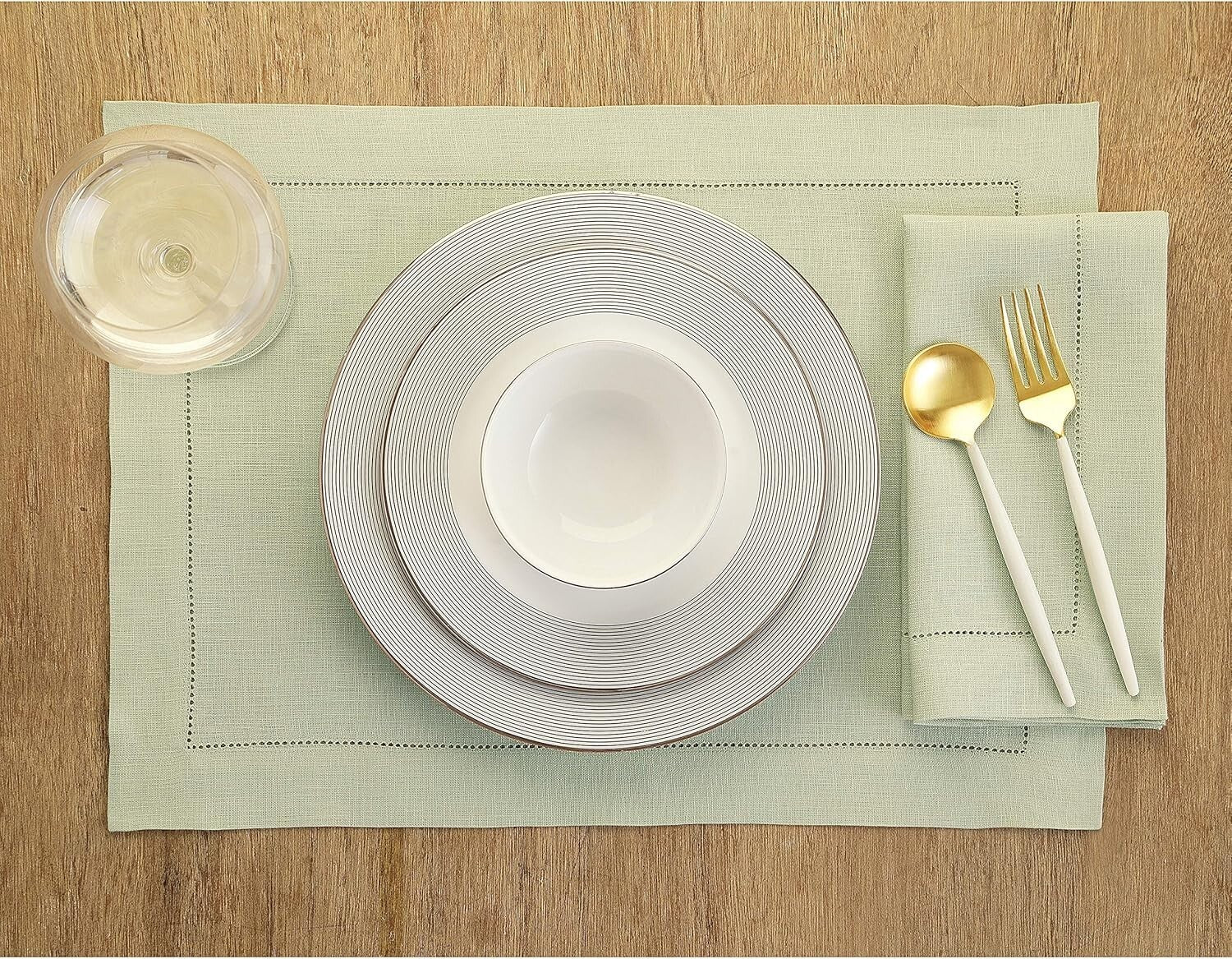 100% Pure Linen Placemats - Classic Hemstitch Sage Green, Machine Washable