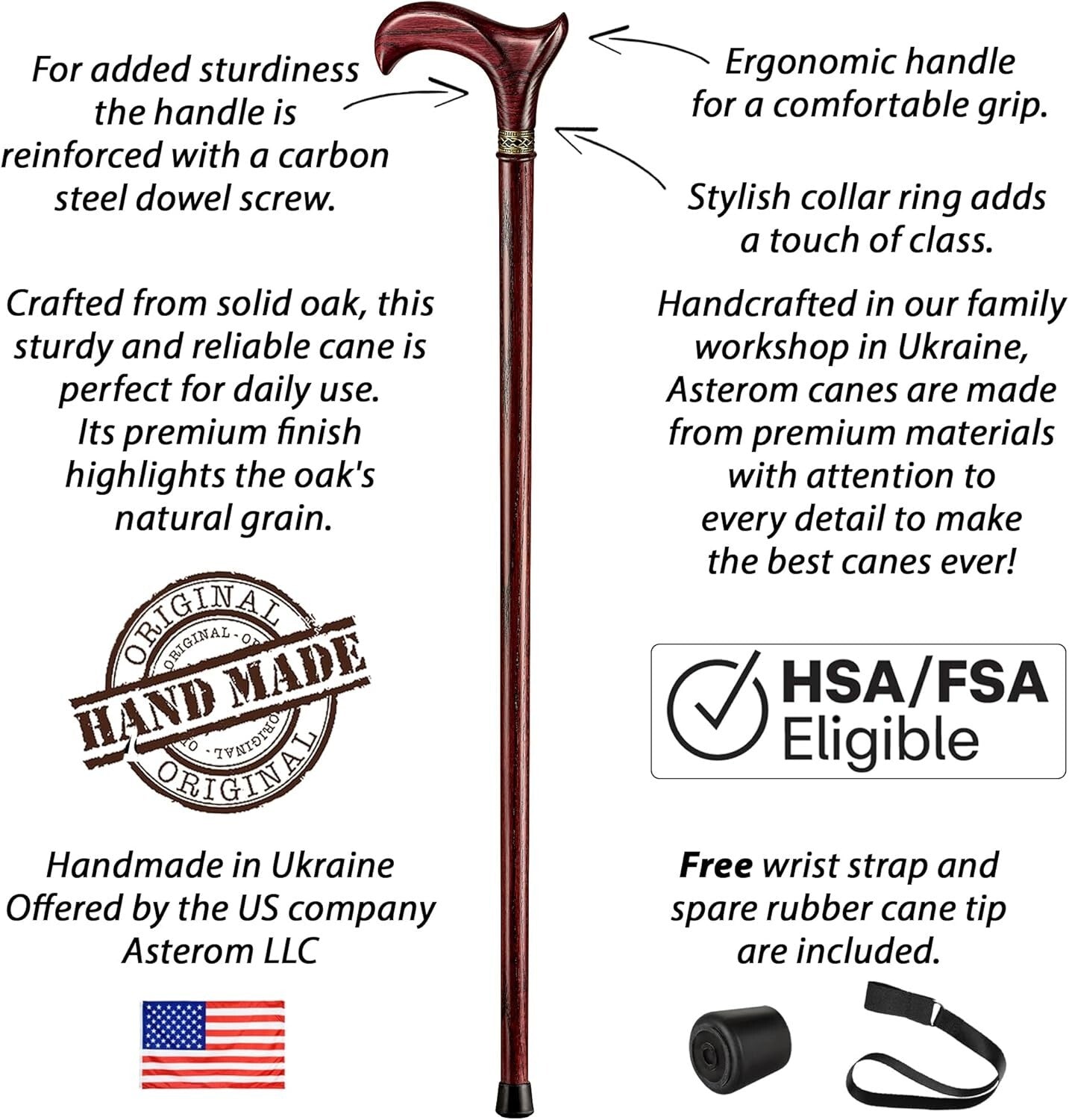 Fashionable Handmade Oak Walking Stick with Ergonomic Grip - 33" Long