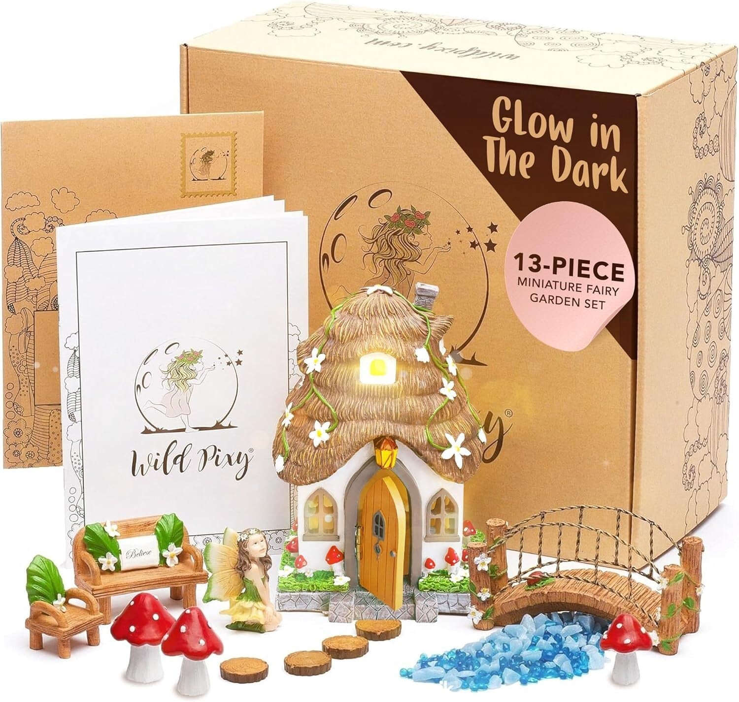 Delightful Fairy House Kit with Solar Glow Light - 13 Pieces for Garden Magic