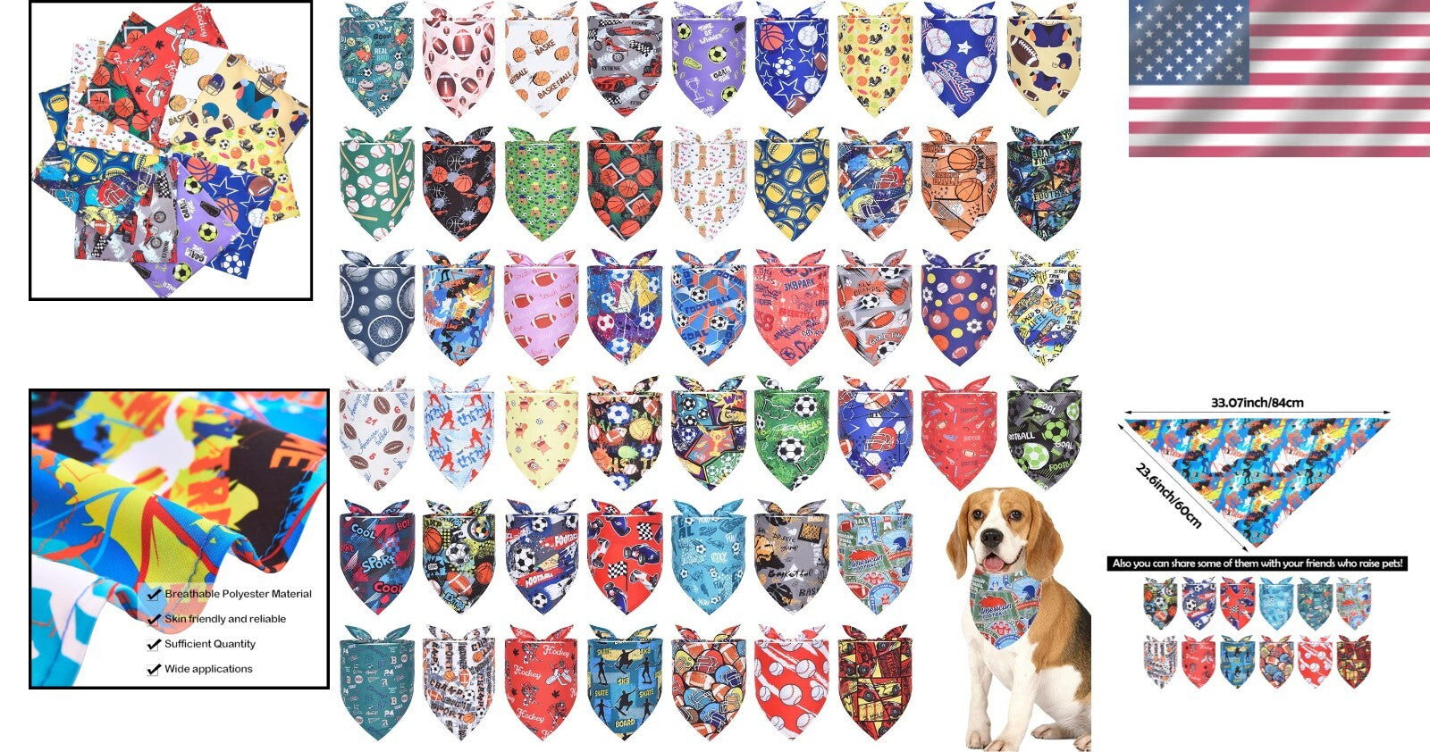 50PCS Sports-Themed Dog Bandanas for Large Breeds - Comfortable & Stylish