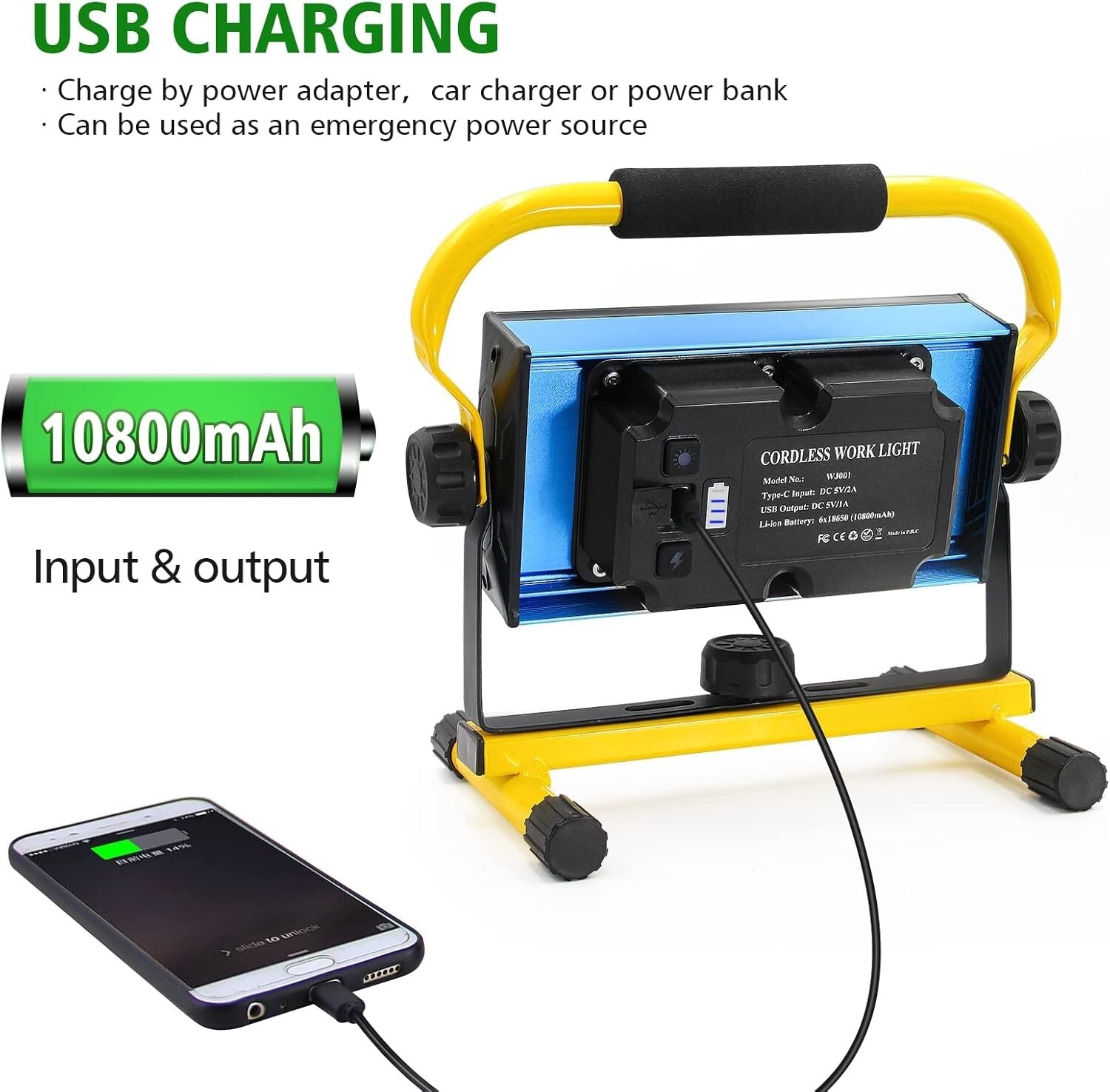 Ultra Bright 7000LM Waterproof Work Light with Rechargeable Battery for Outdoors