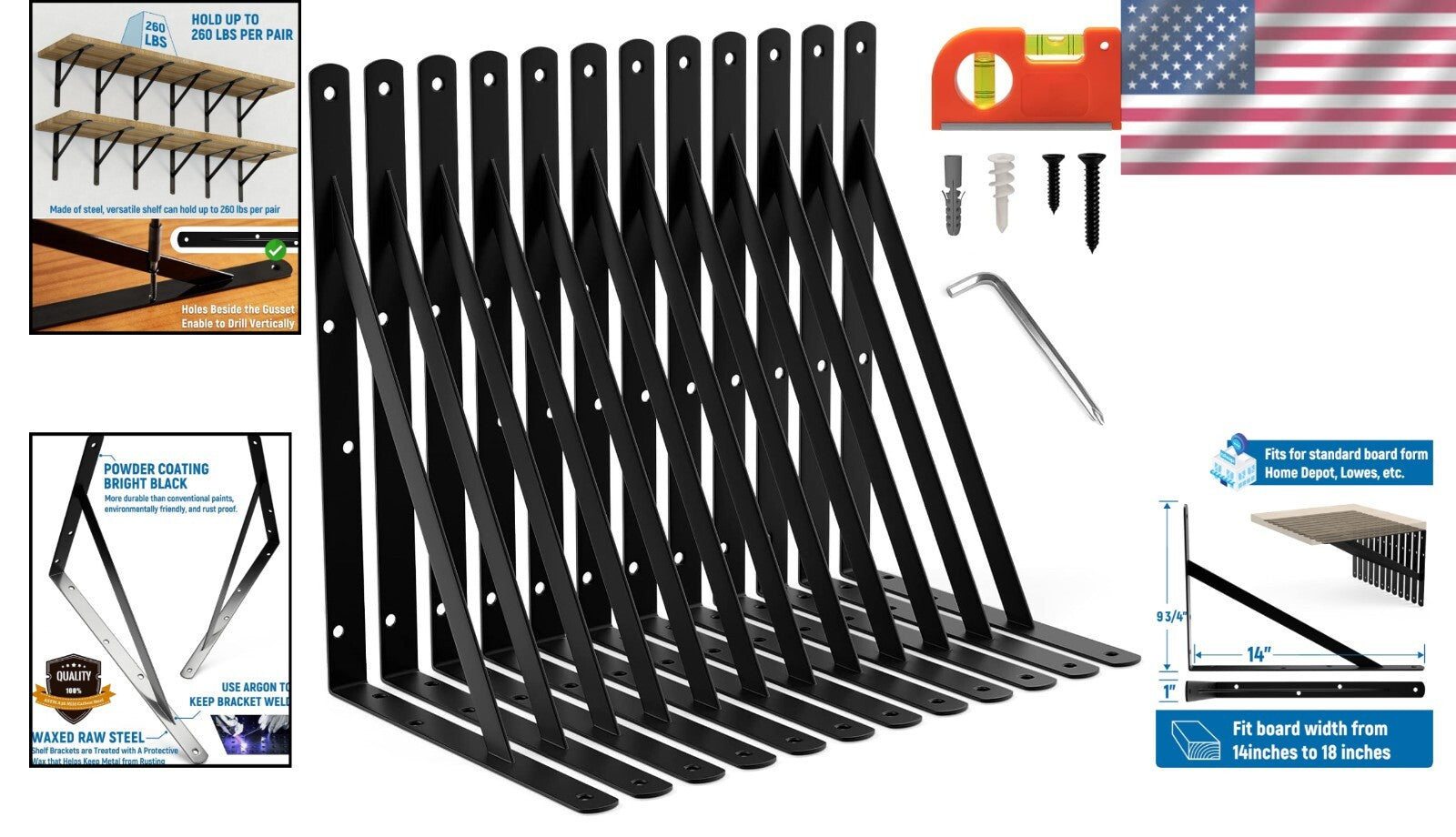 Versatile 12 Pack 14 Inch Steel Shelf Brackets with Easy Installation Guide
