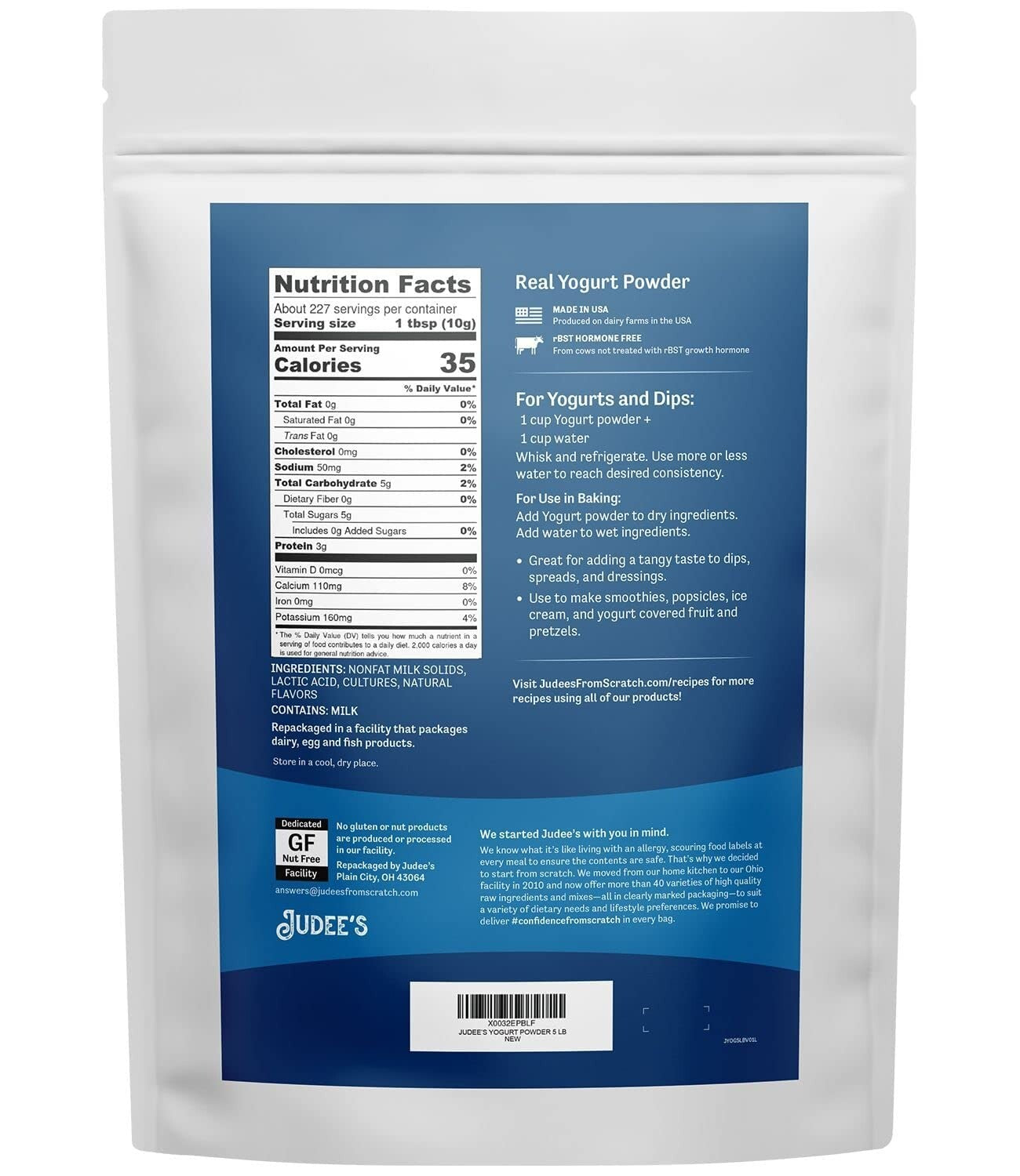 5 lb Judee’s Yogurt Powder - Rich, Tangy Flavor for Dips, Dressings & Smoothies