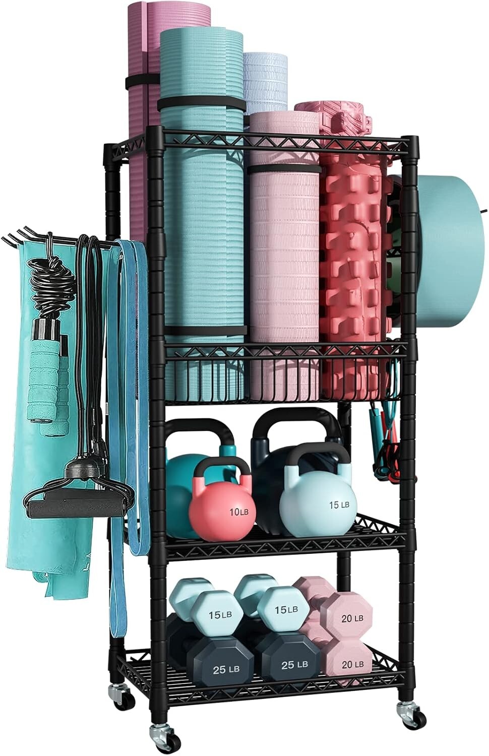 Durable 3-Tier Exercise Equipment Organizer with Security Hooks and Mobility