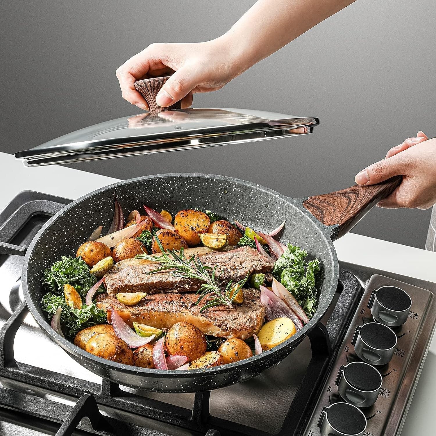 Elegant 12.5-Inch Nonstick Pan with Tempered Lid - Perfect for Kitchen Mastery