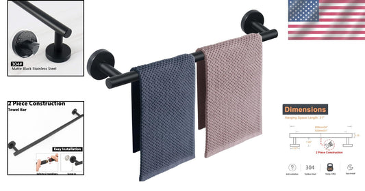304 Stainless Steel 2-Pack Wall-Mounted Towel Rack - Elegant Matte Black Design