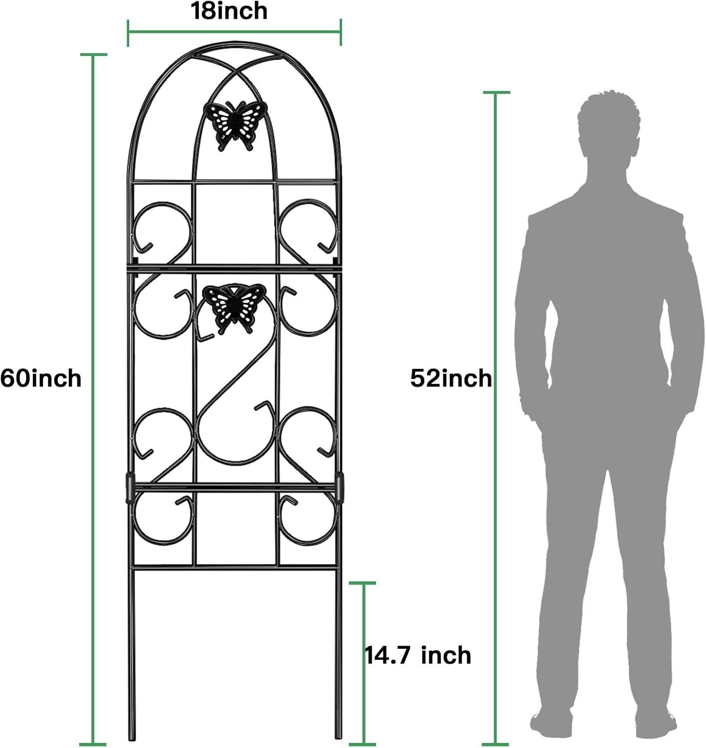 2 Pack 60"x18" Rustproof Black Iron Garden Trellis for Climbing Plants