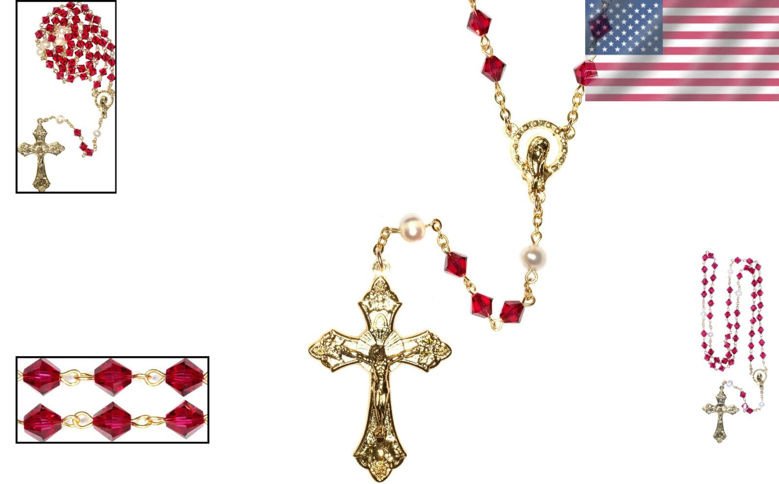 Exquisite 18'' Ruby Crystal Rosary with Gold Finish & Prayer Guide Included