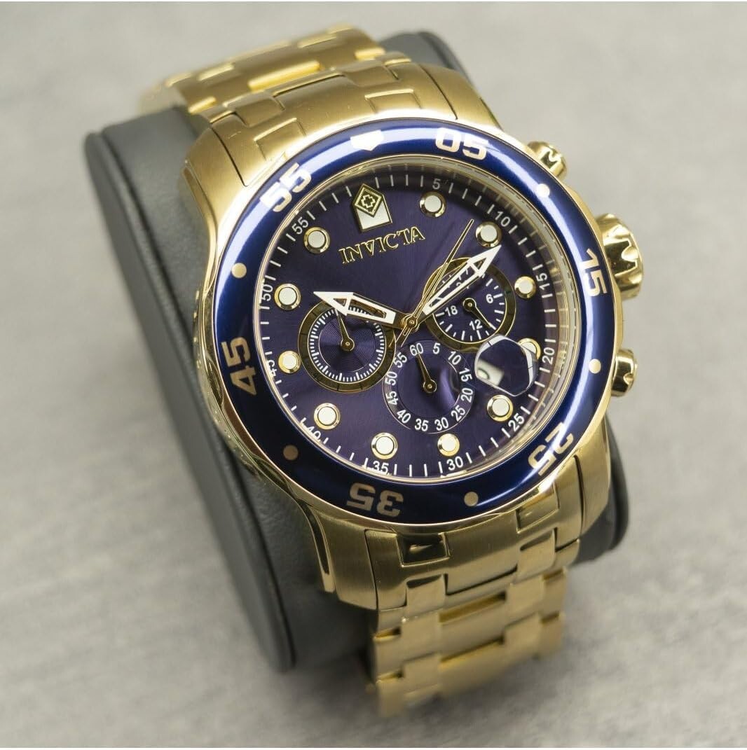 200m Water Resistant Diver's Chronograph Watch with Blue Dial & Gold Tone Band