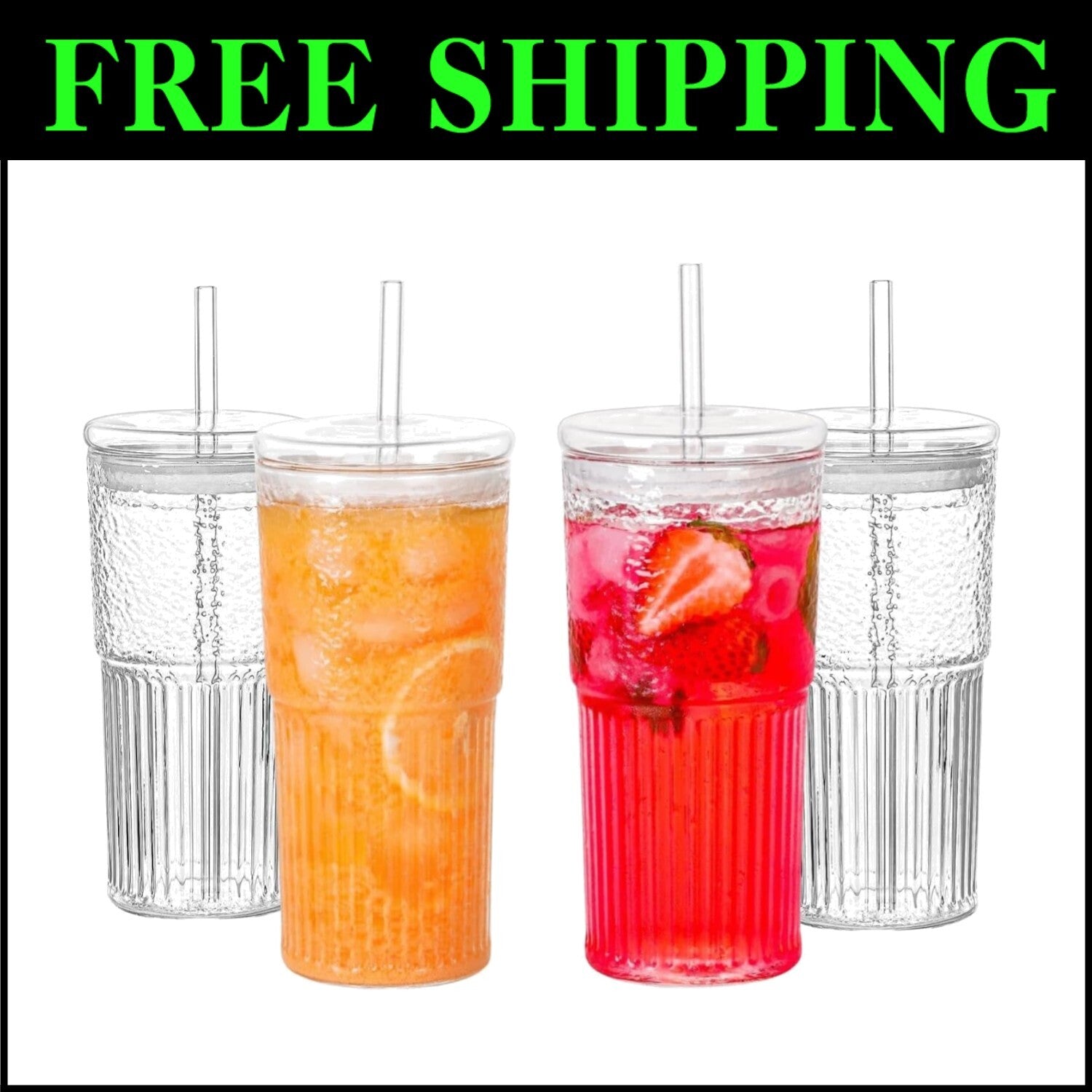 Elegant 4-Piece Glass Tumbler Set - 20 Oz with Lids & Straws for Every Occasion
