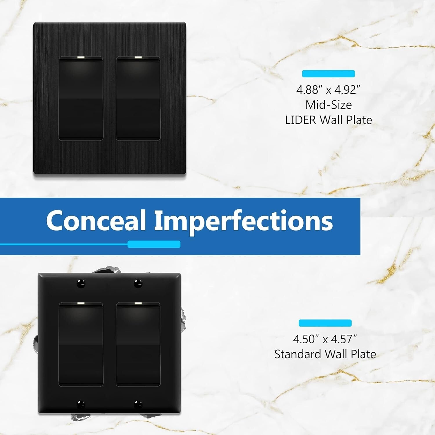 Brushed Black Screwless Double Decorator Wall Plate - 10 Pack, Modern Elegance