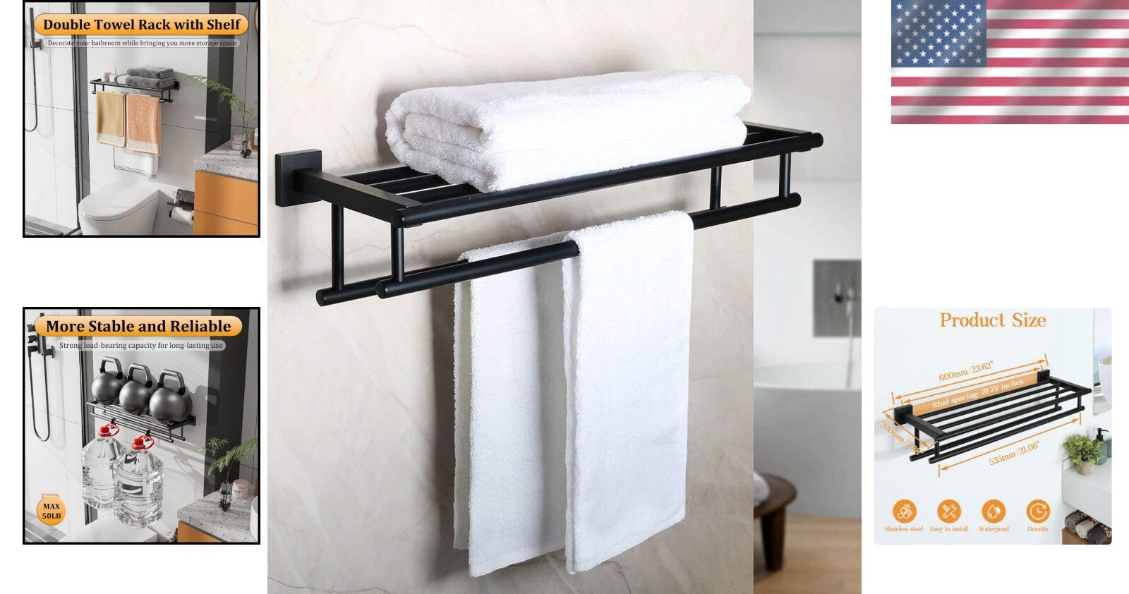 Elegant 24-Inch Wall-Mount Towel Holder in Matte Black - Heavy Duty Design