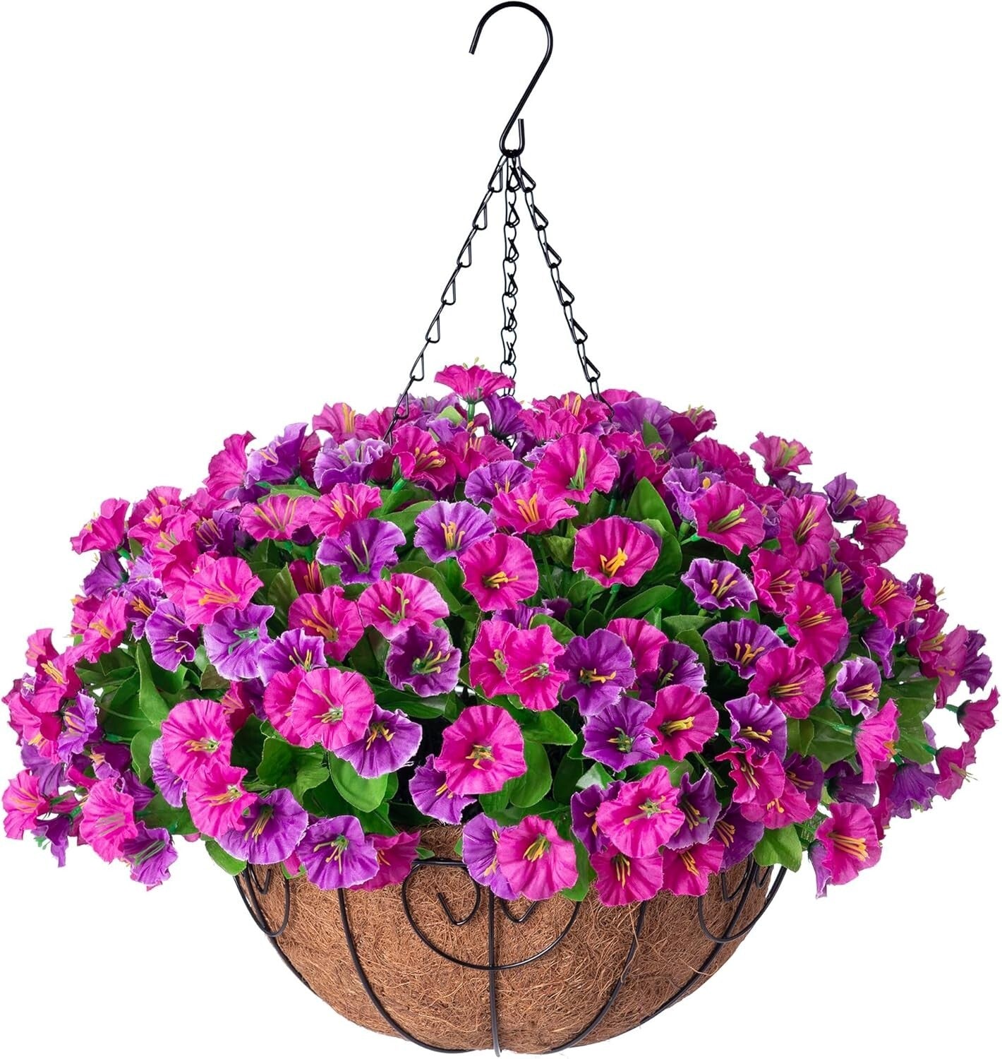 Elegant Faux Silk Petunias in Coconut Basket - Indoor/Outdoor Hanging Flowers