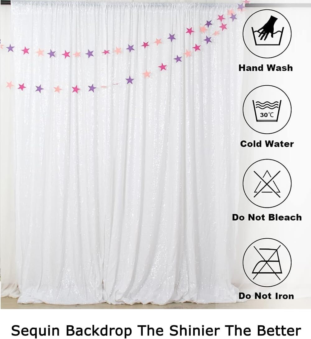 8FTx10FT White Sequin Fabric Backdrop - No Dropping Sequins for Parties