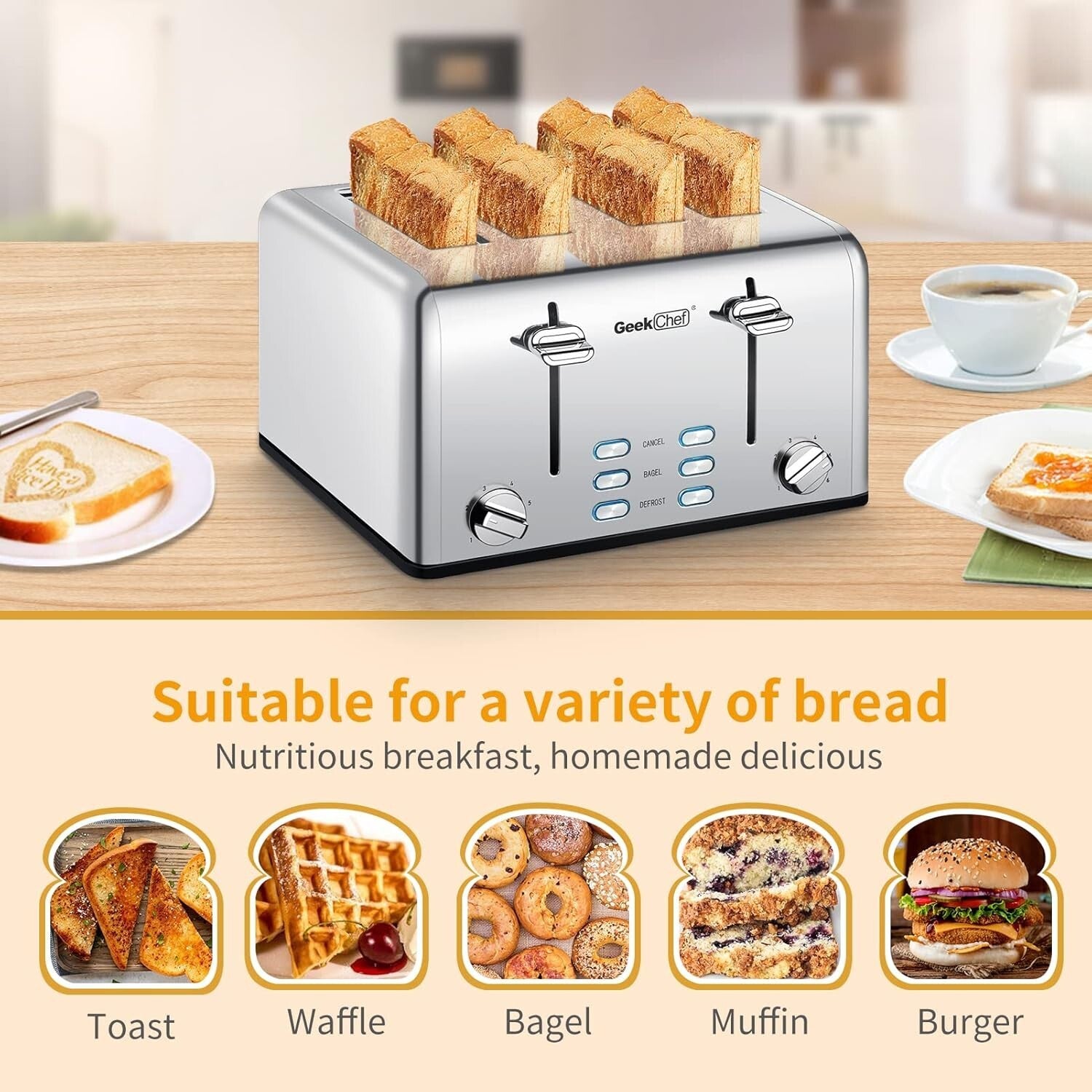Automatic 4-Slice Stainless Steel Toaster with Removable Tray & Bagel Function