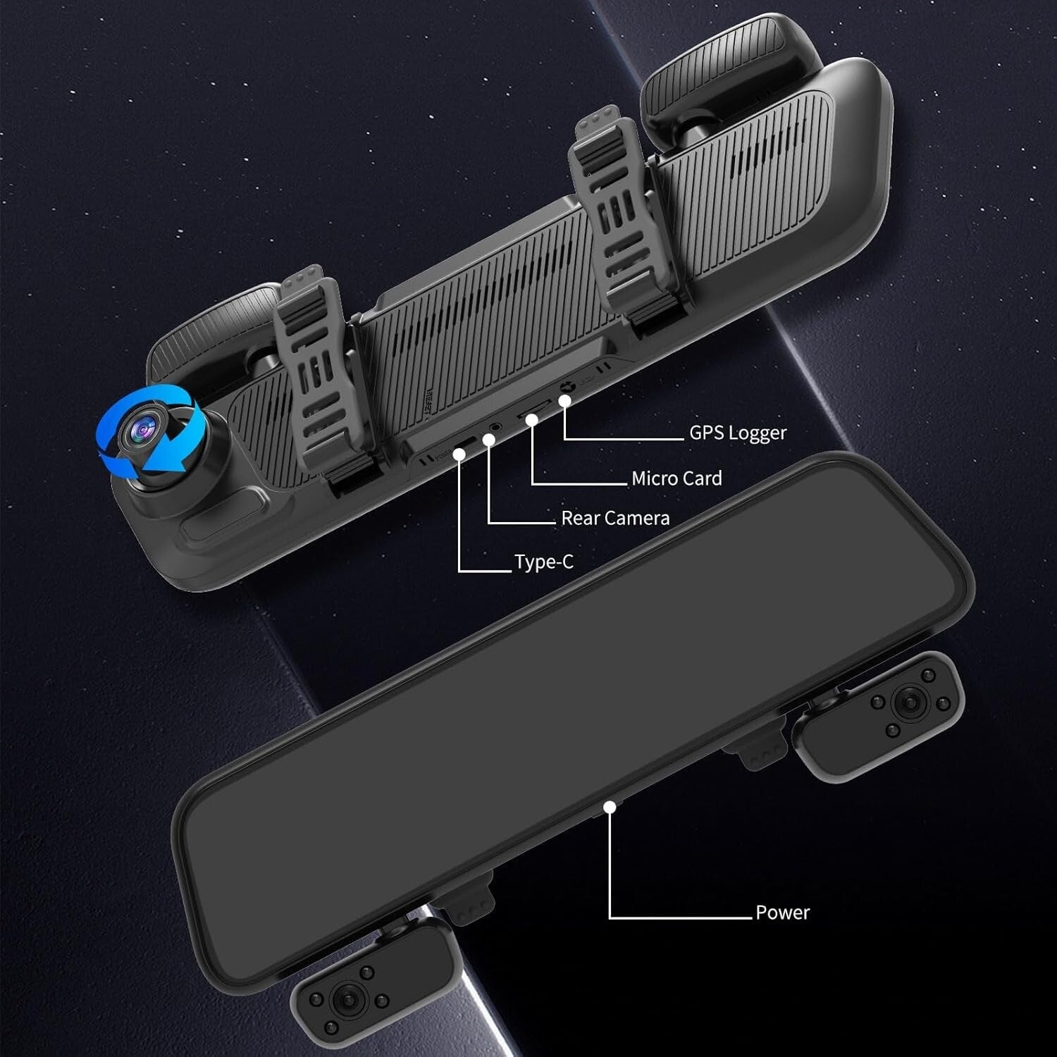 12'' 4-Channel Mirror Dash Cam with 360° View, GPS & Night Vision - 128GB Card