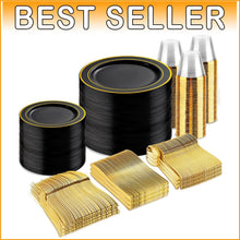 Load image into Gallery viewer, Luxurious Black and Gold Dinnerware Set: 600 Disposable Pieces for 100 Guests