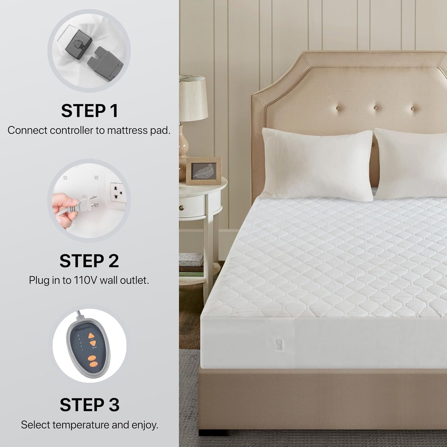 Electric Quilted Mattress Pad - King, 10-Hour Auto Shut-Off, Dual-Sided Comfort