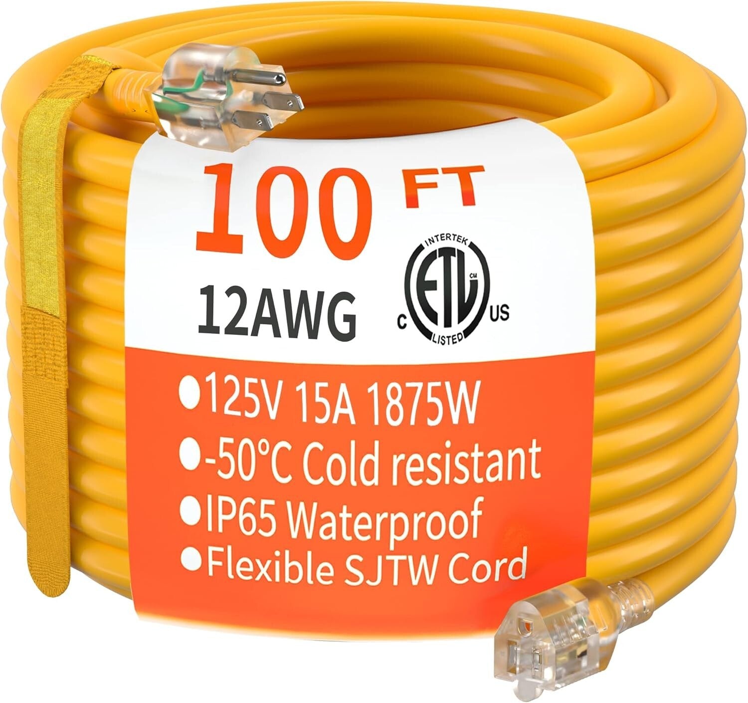 100 ft Lighted Outdoor Extension Cord | 12/3 Gauge for All Weather Applications