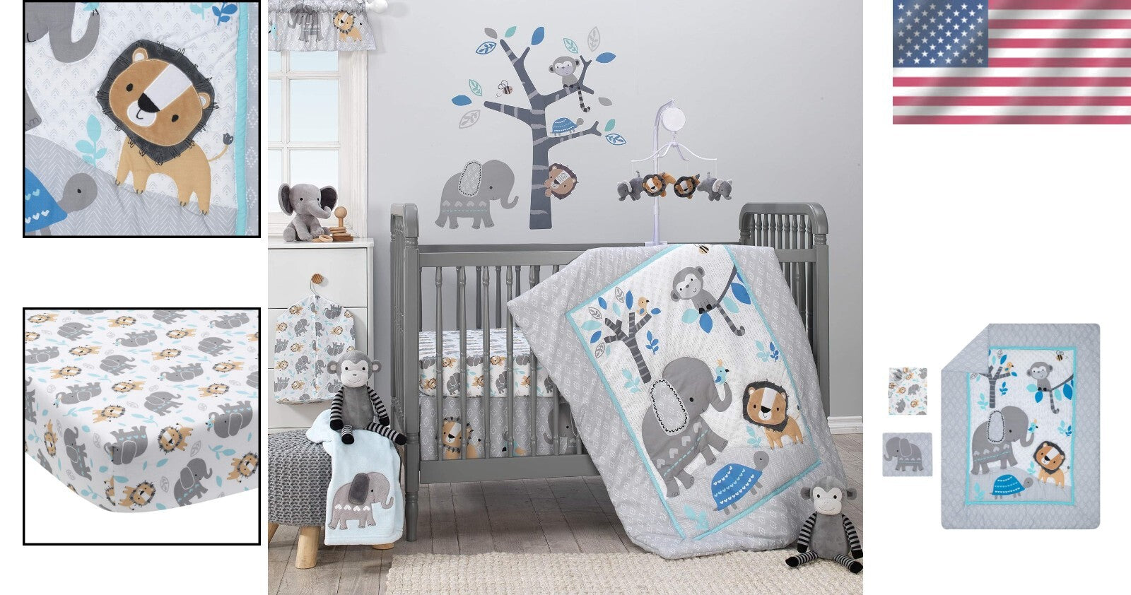 Blue and Gray 3-Piece Crib Bedding Set - Modern Jungle Adventure Theme