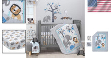 Load image into Gallery viewer, Blue and Gray 3-Piece Crib Bedding Set - Modern Jungle Adventure Theme
